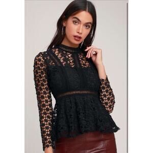 I.Madeline Lace Long Sleeve Black Lined Peplum Blouse Top Womens Large